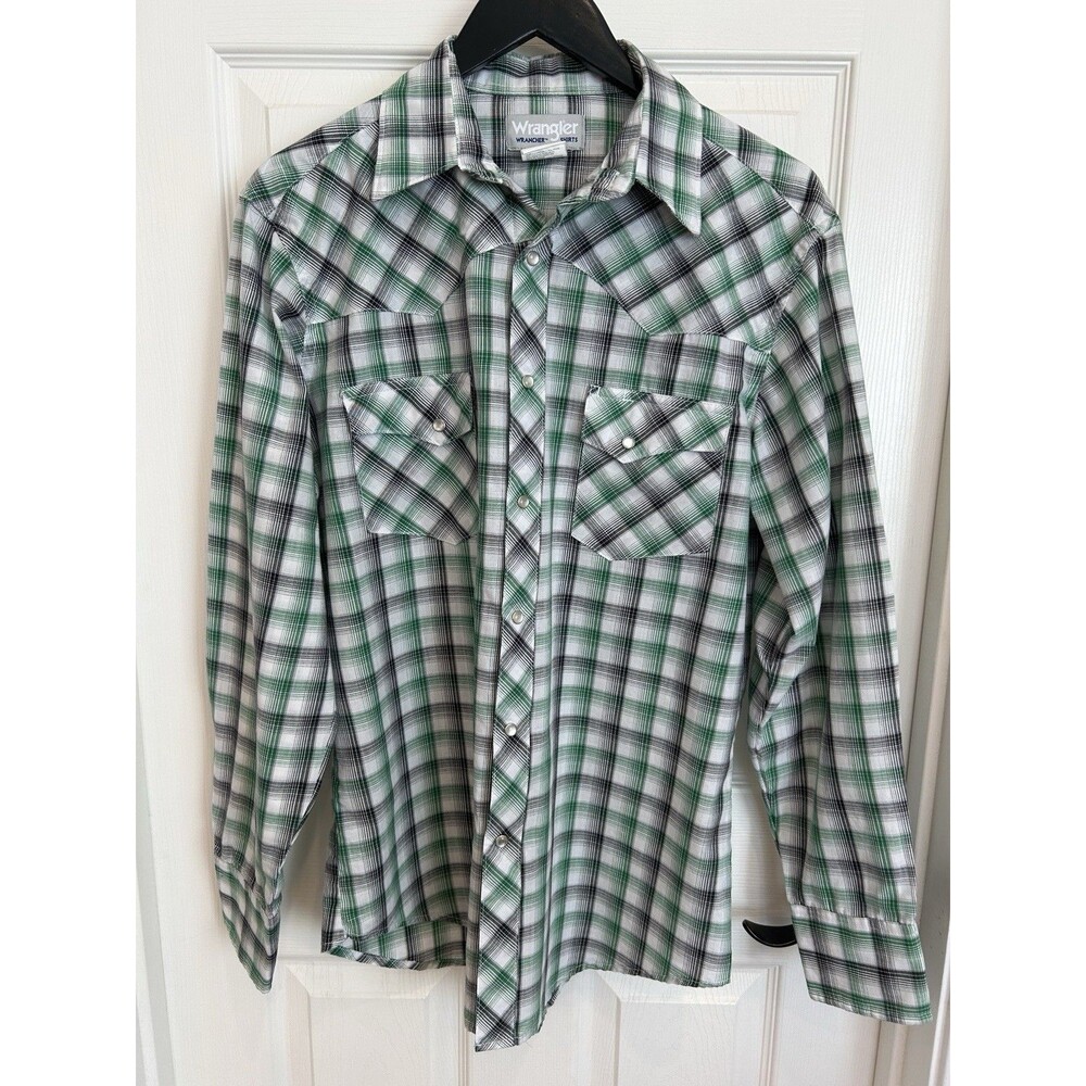 Wrangler Wrancher Mens M Green Plaid Western Pearl Snap Long Sleeve Shirt